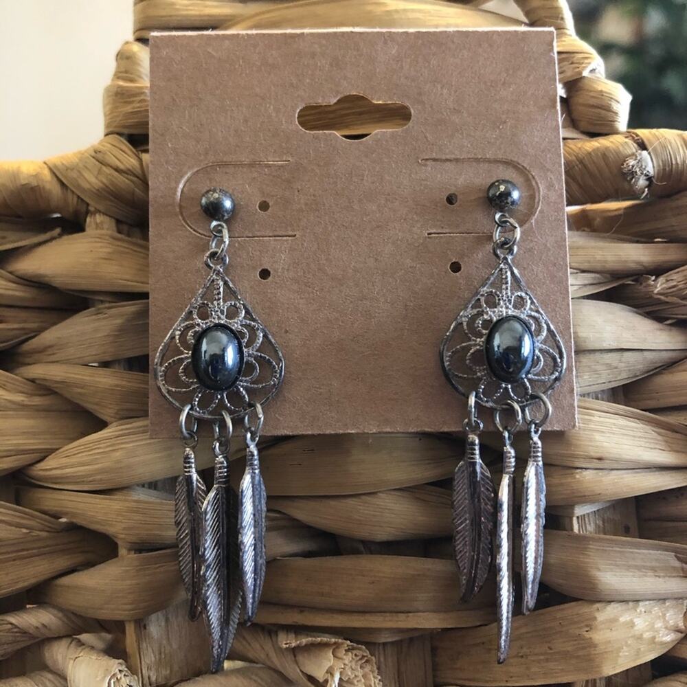 Vintage silver plated feather hematite earrings